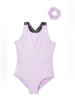 NWT Justice Lilac Star Foil Girls' Leotard with Scrunchie - Size Medium